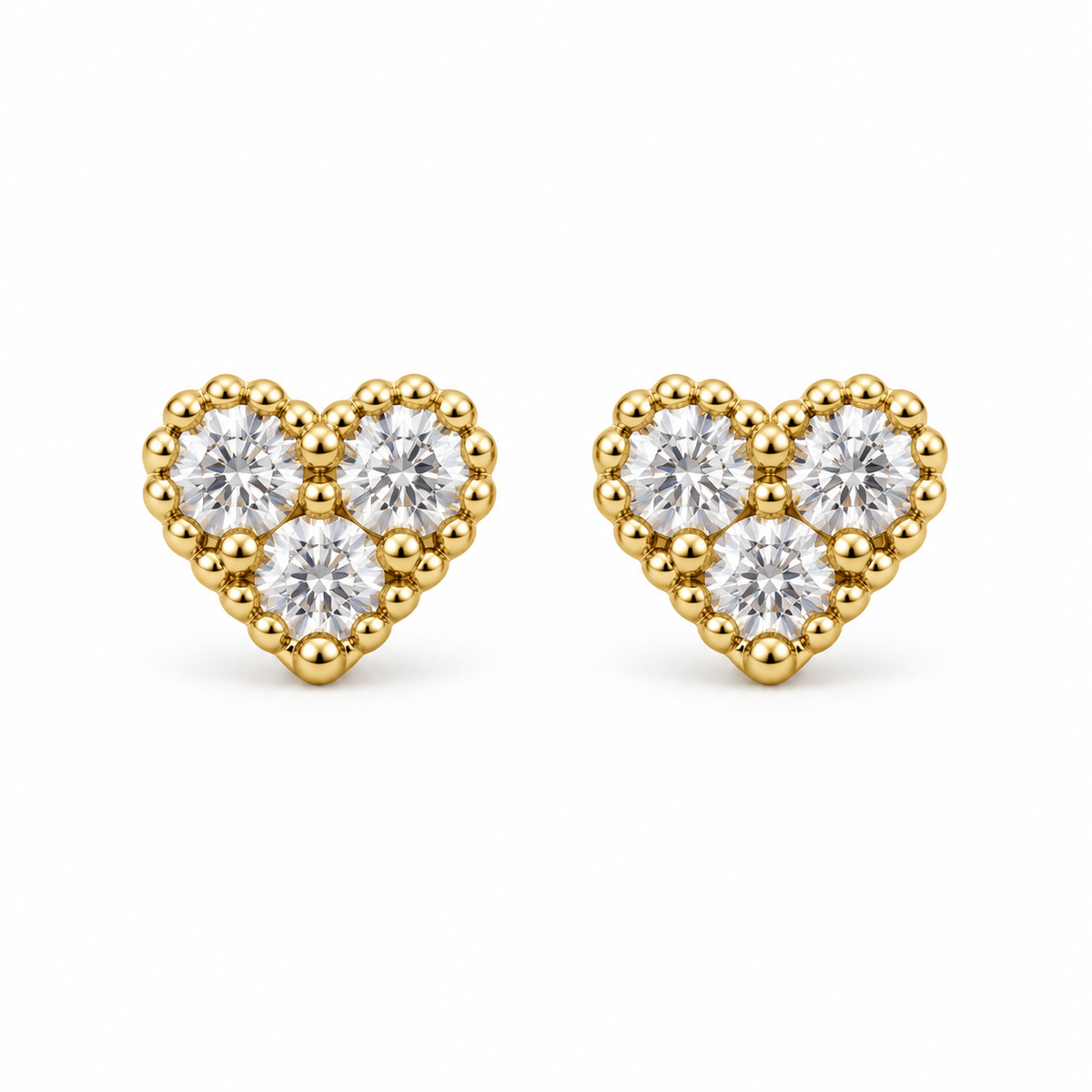 10K Yellow Gold Tiny CZ Pure White Heart Earrings - front view