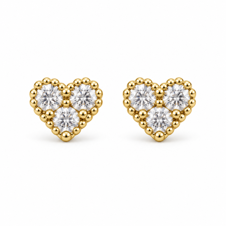 10K Yellow Gold Tiny CZ Pure White Heart Earrings - front view