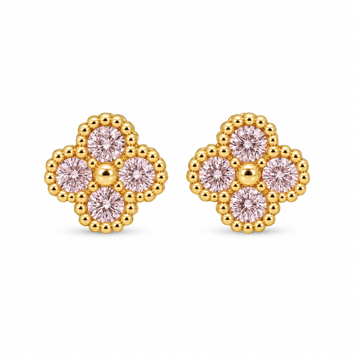 10K Yellow Gold Tiny Pink CZ Clover Earrings (S) - front view