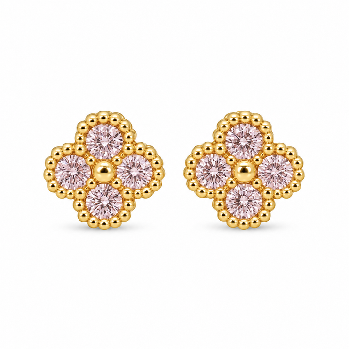 10K Gold Tiny Pink CZ Clover Earrings (S) — 10K real gold jewelry from STF Diamonds, Los Angeles