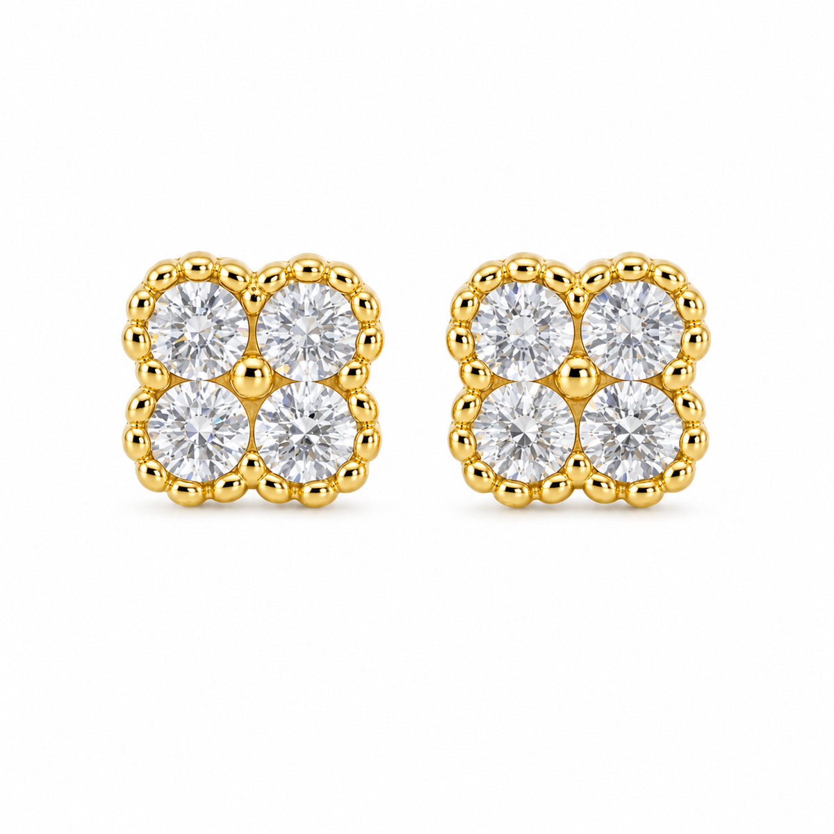 10K Yellow Gold Tiny White CZ Clover Earrings (S) - front view