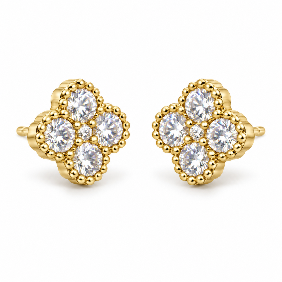 10K Yellow Gold White Clover CZ Earrings - 45 degree view