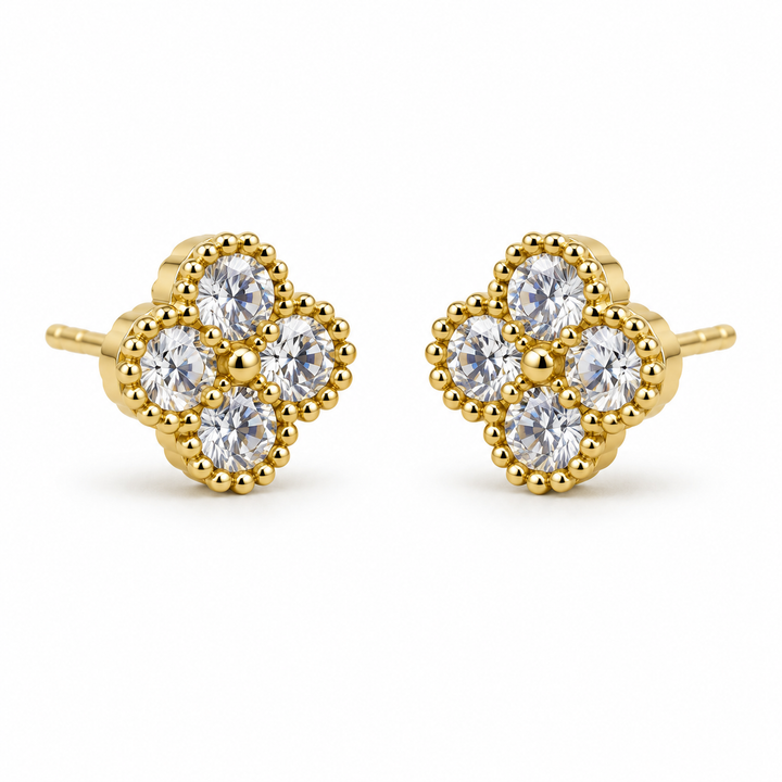 10K Yellow Gold White Clover CZ Earrings (8mm Medium) - front view
