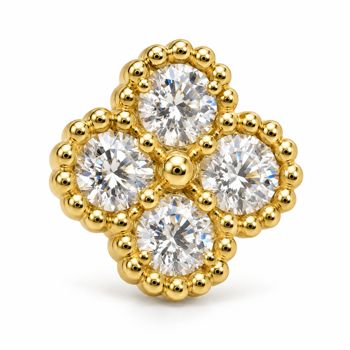 10K Yellow Gold White Clover CZ Earrings (8mm Medium) - macro detail