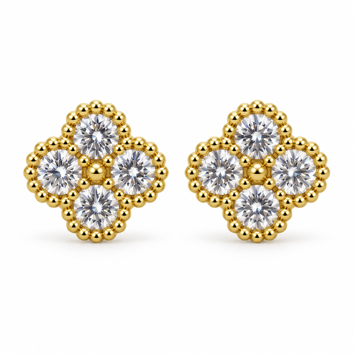 10K Yellow Gold White Clover CZ Earrings (8mm Medium) - front view