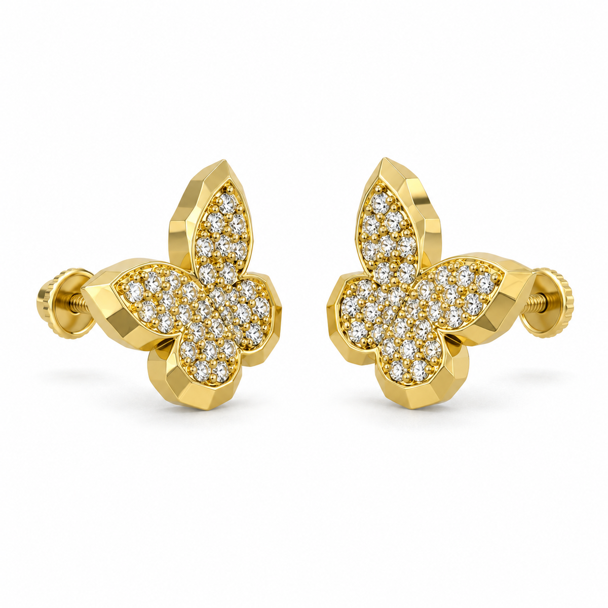 10K Yellow Gold Wing Butterfly Earrings (Screwback) - 45 degree view