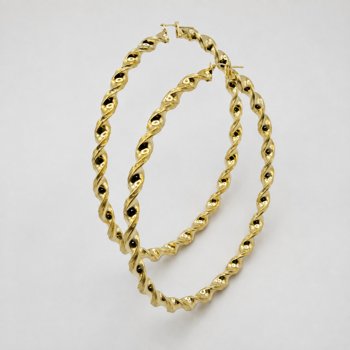 10K Yellow Gold XL Fancy Twist Hoops (4") - side view