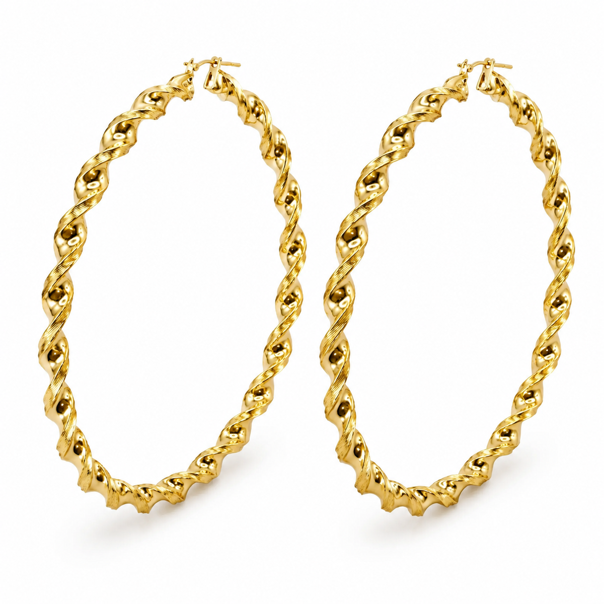 10K Yellow Gold XL Fancy Twist Hoops 4 inch - 45 degree view
