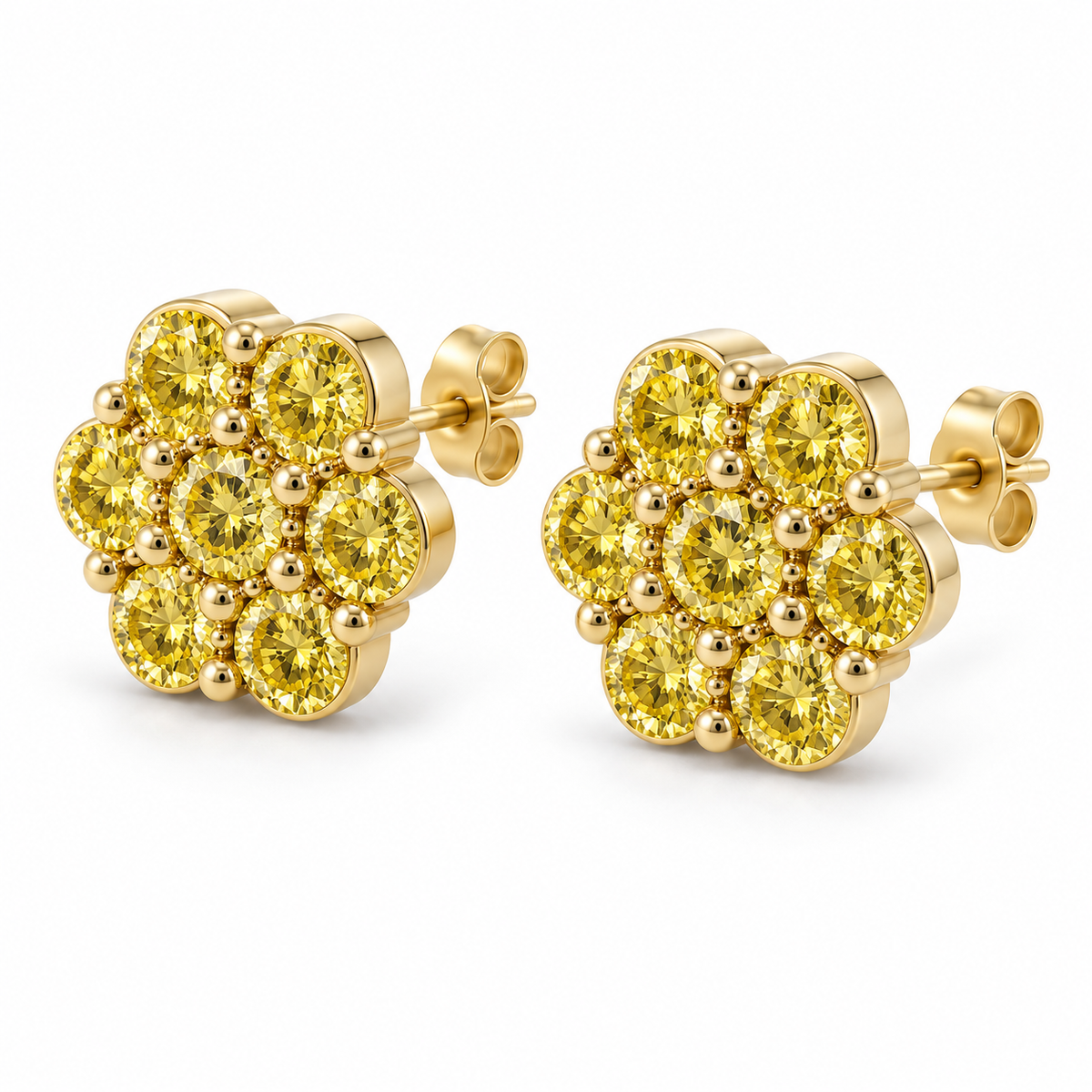 10K Yellow Gold Yellow CZ Flower Earrings - 45 degree view