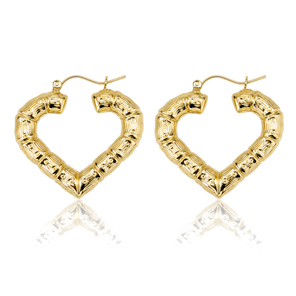 10K Gold 1.3" Heart Bamboo Hoops (Lightweight) — 10K real gold jewelry from STF Diamonds, Los Angeles
