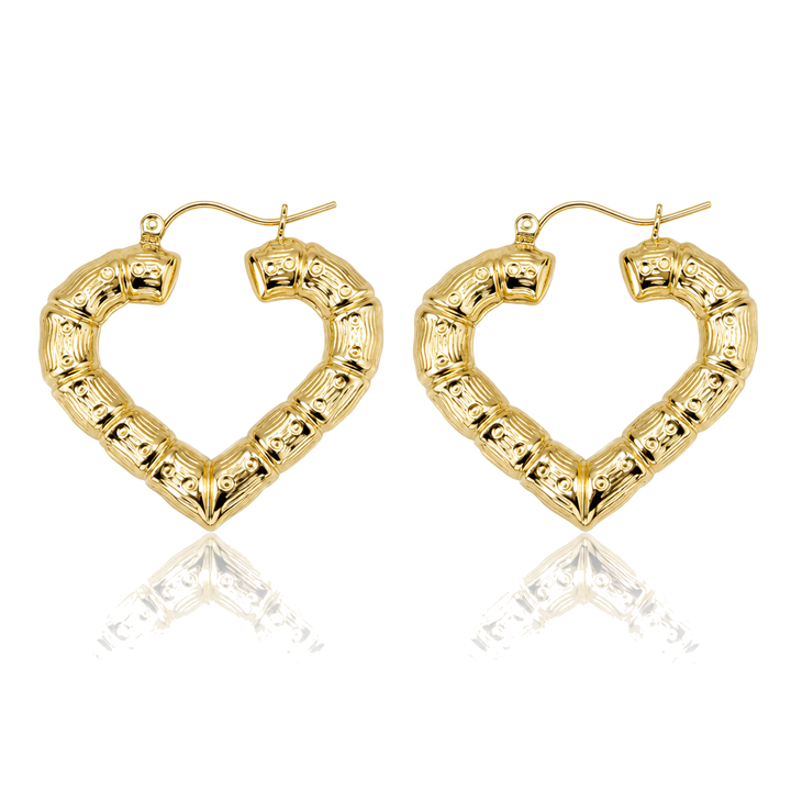 10K Gold 1.3" Heart Bamboo Hoops (Lightweight) — 10K real gold jewelry from STF Diamonds, Los Angeles
