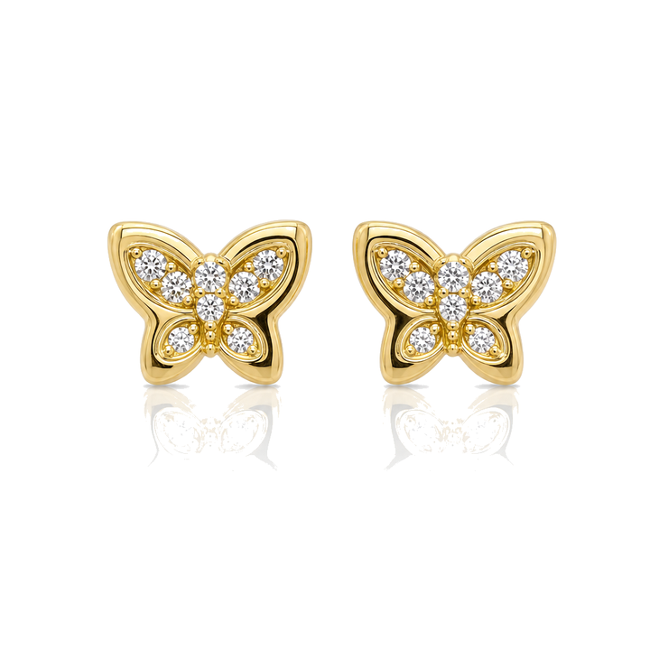10K Gold 3D Mini Butterfly CZ Earrings (Screwback) — 10K real gold jewelry from STF Diamonds, Los Angeles