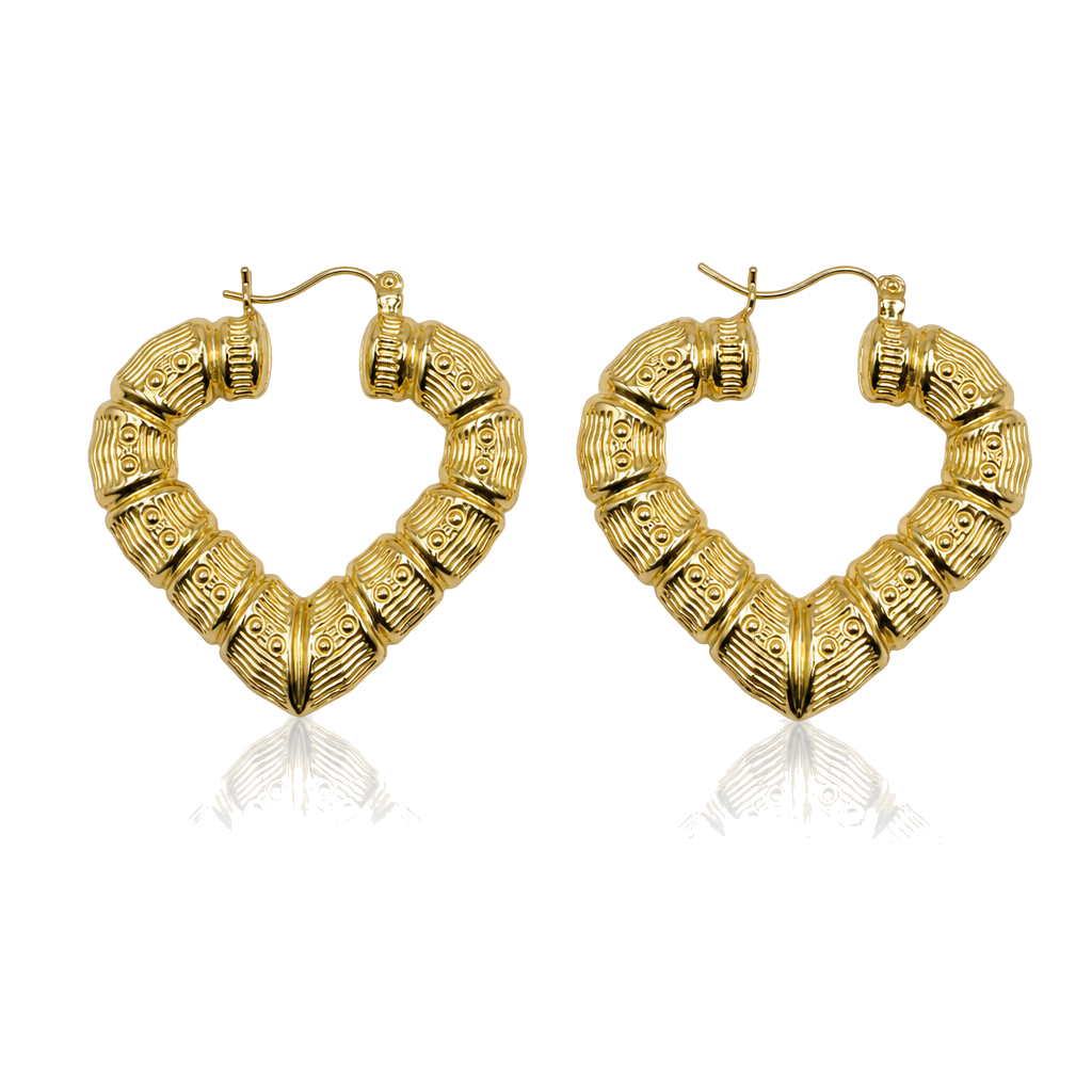 10K Gold Bamboo Heart Hoop Earrings (1.5 in) — 10K real gold jewelry from STF Diamonds, Los Angeles