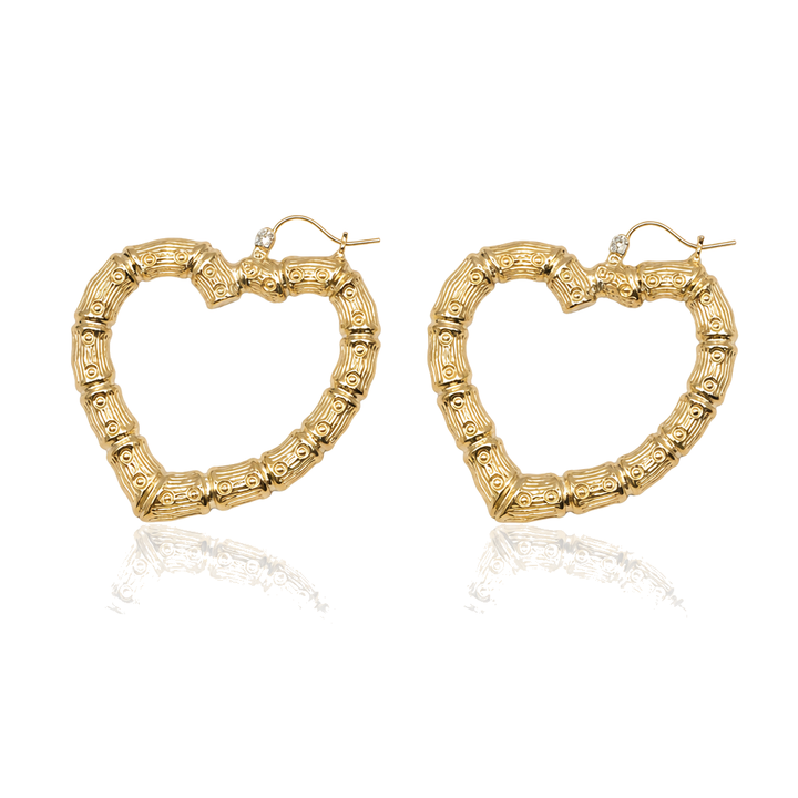 10K Gold Bamboo Heart Hoop Earrings (1.75") — 10K real gold jewelry from STF Diamonds, Los Angeles