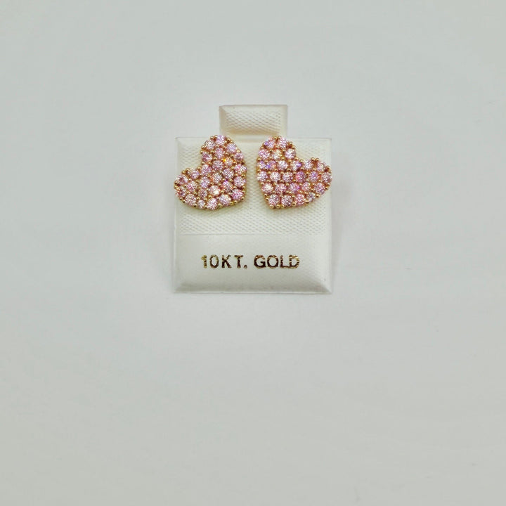 10K Yellow Gold BubbleGum CZ Pink Heart Earrings