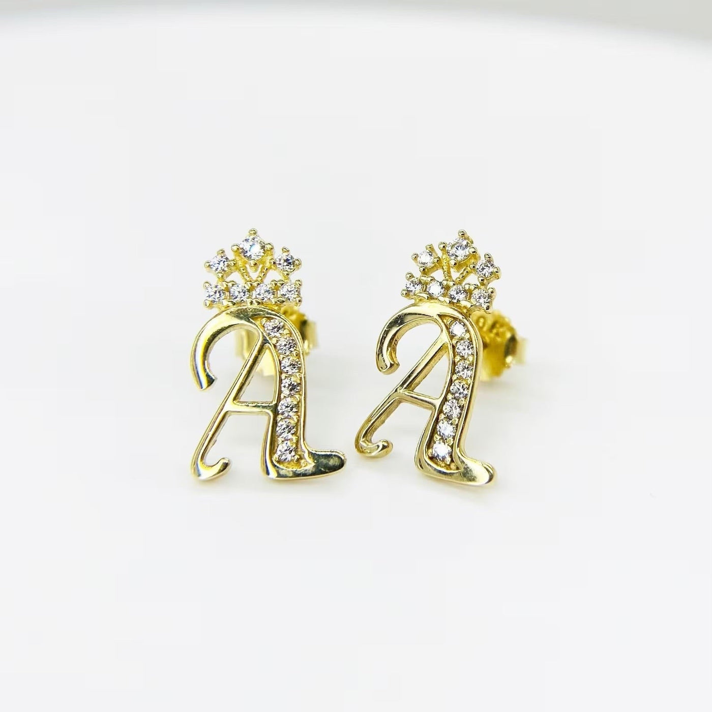 10K Yellow Gold Cursive Initial Earrings with Crown