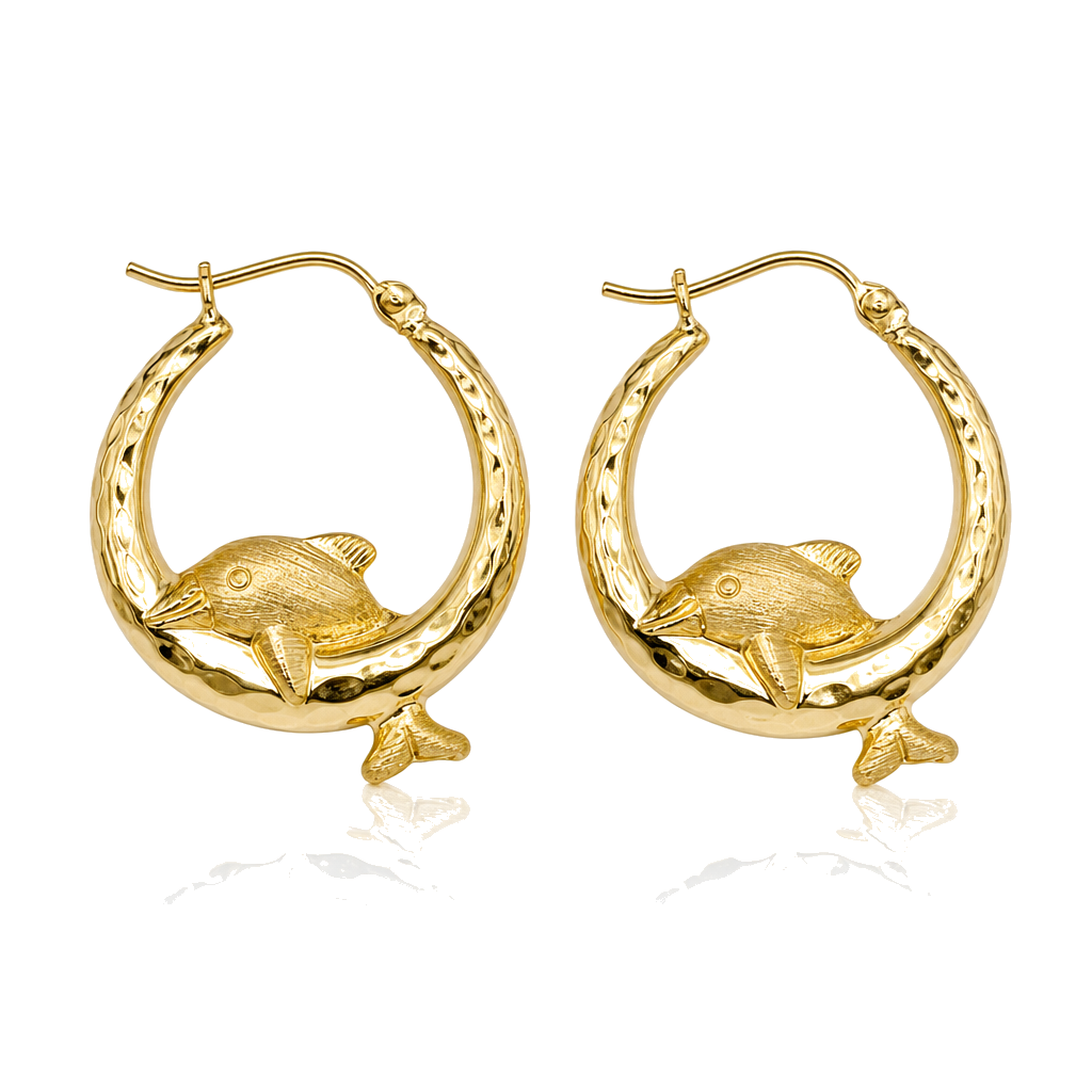10K Gold Dolphin Hoops Matte Finish (Medium, 1") — 10K real gold jewelry from STF Diamonds, Los Angeles
