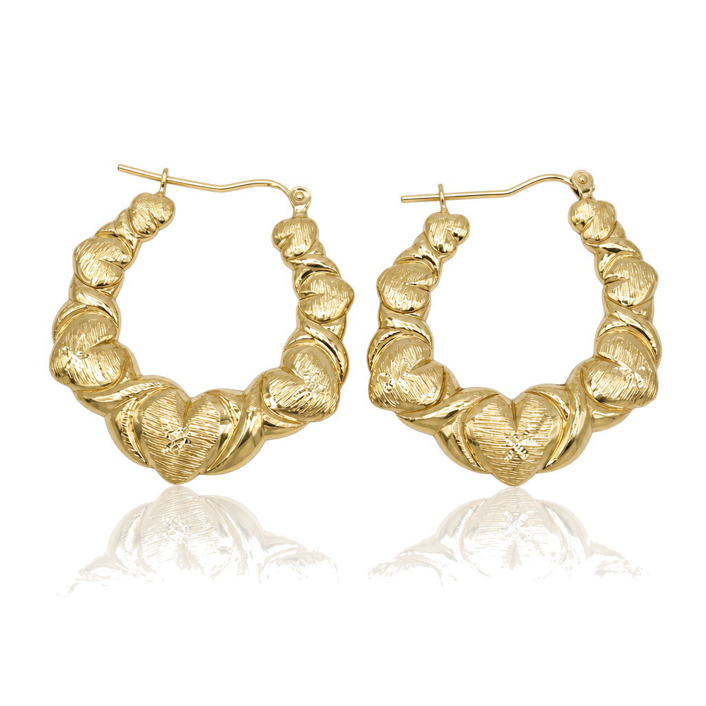 10K Gold Fancy Heart Hoop Earrings (1.3") — 10K real gold jewelry from STF Diamonds, Los Angeles