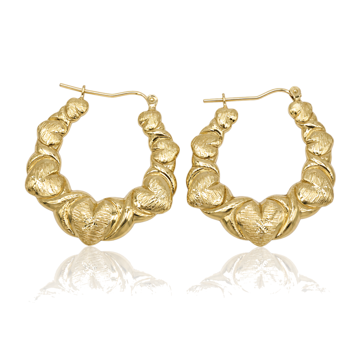 10K Gold Fancy Heart Hoop Earrings (1.3") — 10K real gold jewelry from STF Diamonds, Los Angeles