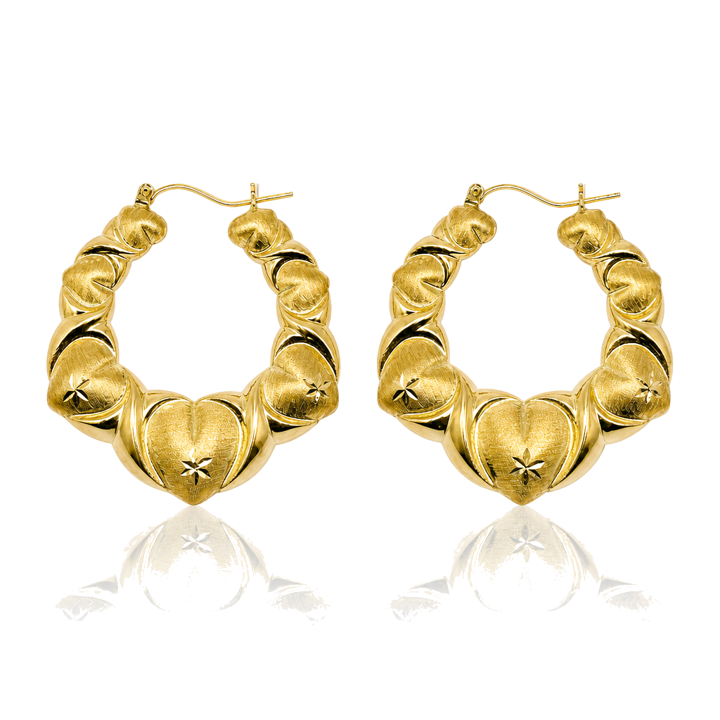 10K Gold Fancy Heart Hoop Earrings (1.6") — 10K real gold jewelry from STF Diamonds, Los Angeles