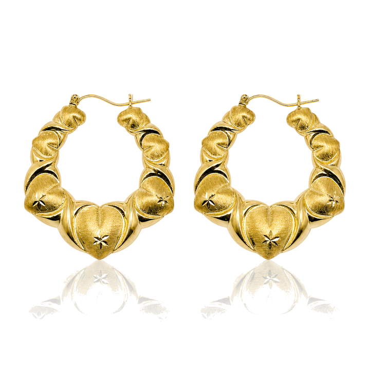 10K Gold Fancy Heart Hoop Earrings (1.6") — 10K real gold jewelry from STF Diamonds, Los Angeles