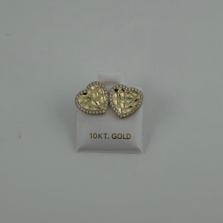 10K Yellow Gold Flat Heart Nugget CZ Border Earrings