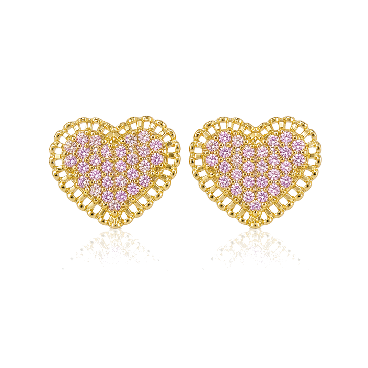 10K Gold Flat RX Heart Earrings with CZ Pink — 10K real gold jewelry from STF Diamonds, Los Angeles