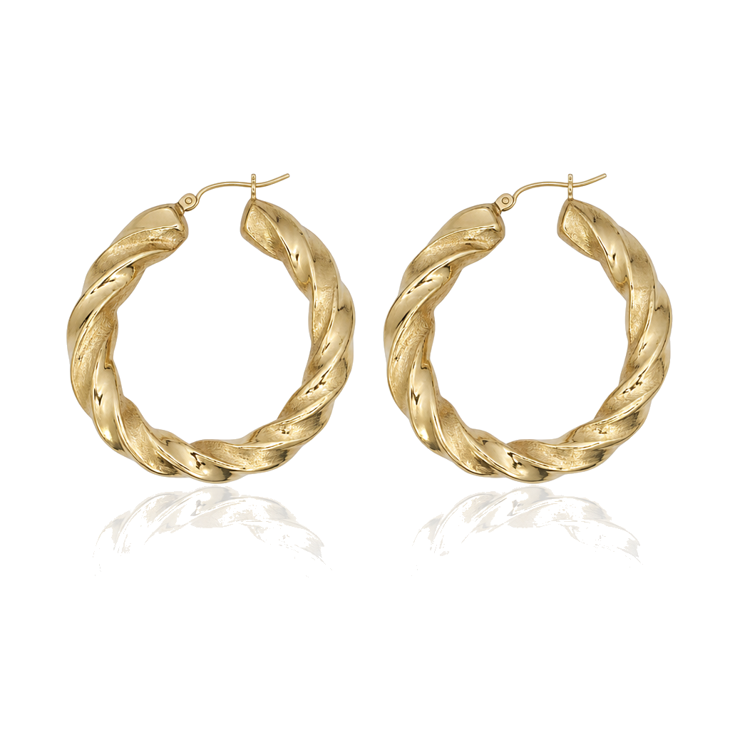 10K Gold Golden Swirl Hoops 1.75in — 10K real gold jewelry from STF Diamonds, Los Angeles