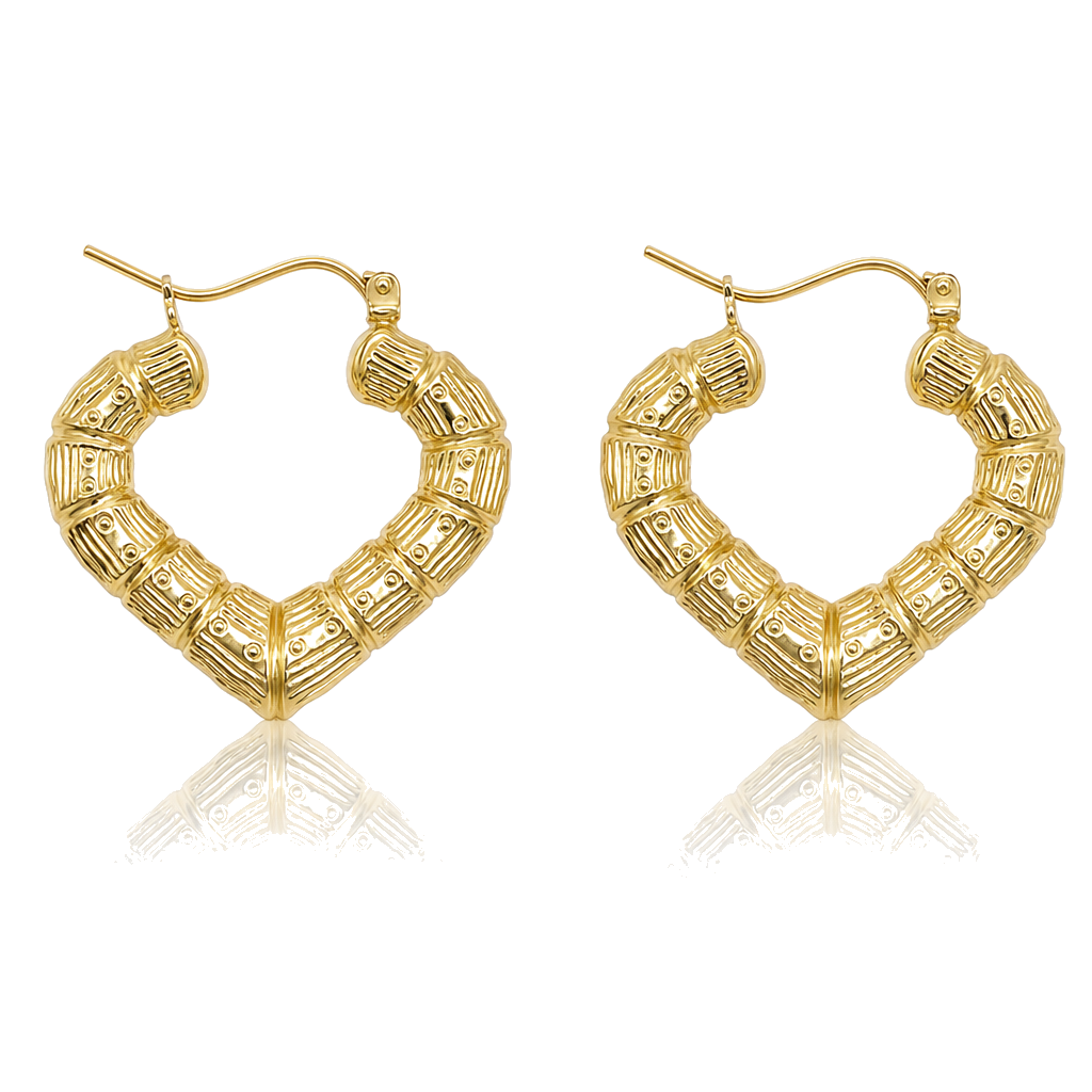 10K Gold Heart Bamboo Hoop Earrings (1 in) — 10K real gold jewelry from STF Diamonds, Los Angeles