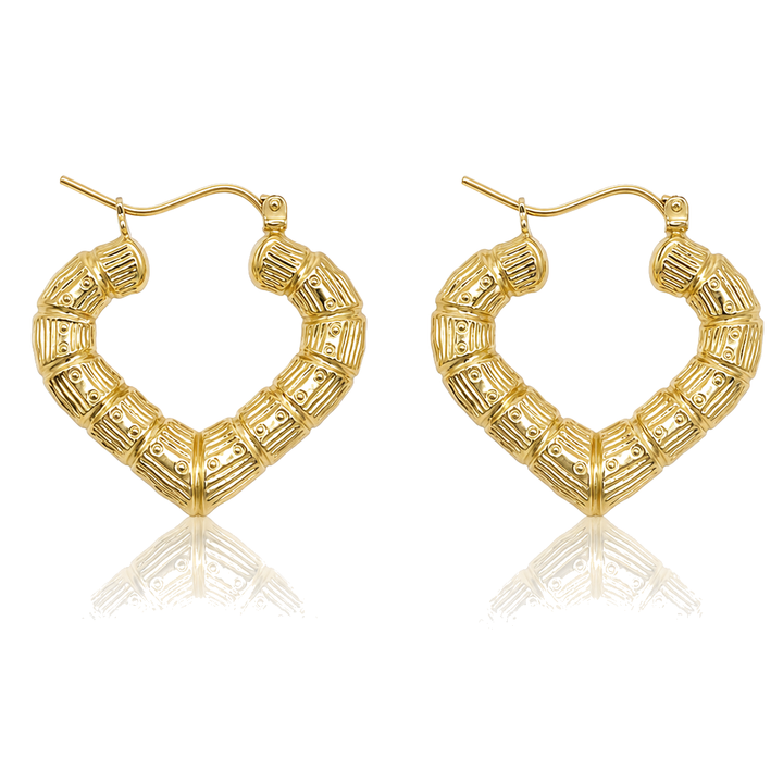 10K Gold Heart Bamboo Hoop Earrings (1 in) — 10K real gold jewelry from STF Diamonds, Los Angeles