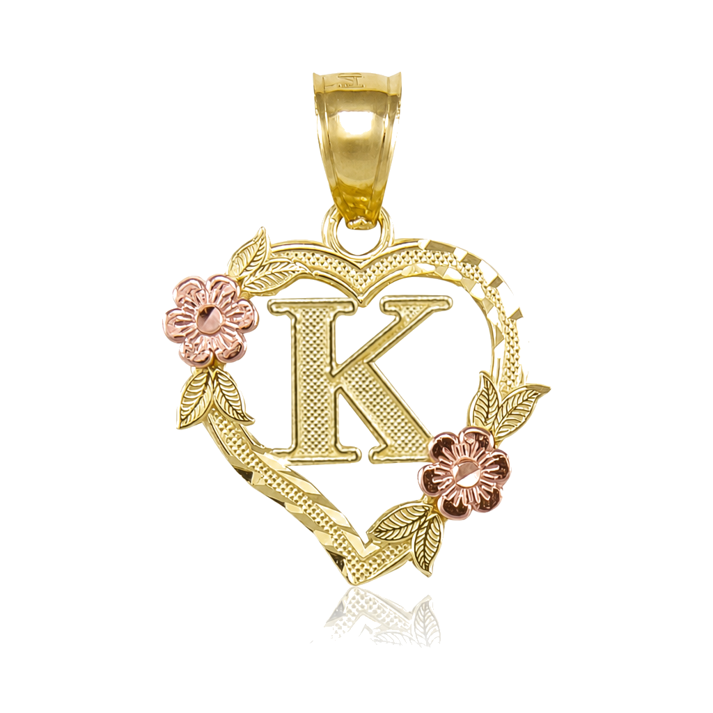 10K Gold Heart Initial Charm with Roses — 10K real gold jewelry from STF Diamonds, Los Angeles