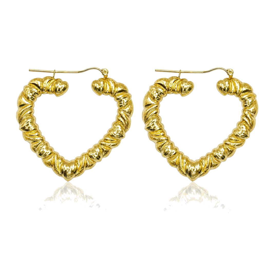 10K Gold Heart Pattern Heart Hoop (2") — 10K real gold jewelry from STF Diamonds, Los Angeles