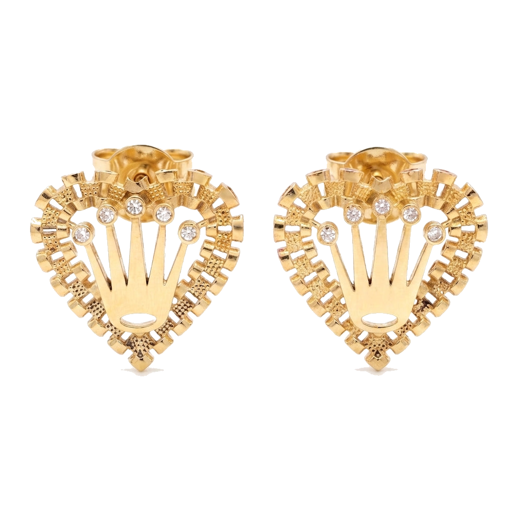 10K Solid Gold Rolly Crown Heart Stud Earrings