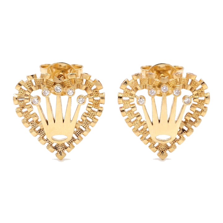 10K Solid Gold Rolly Crown Heart Stud Earrings