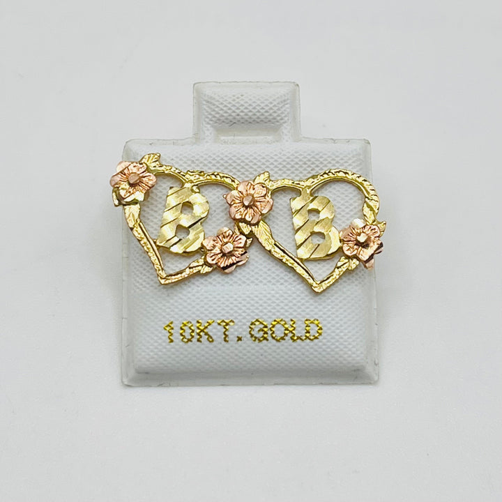 10K Yellow Gold Heart with Roses Initial Earrings
