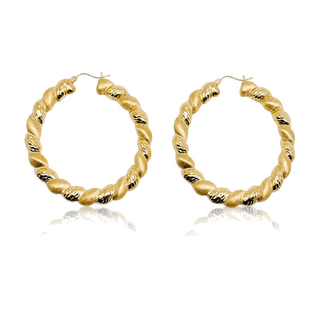 10K Gold Matte and High Polish Hoop Earrings 2" — 10K real gold jewelry from STF Diamonds, Los Angeles
