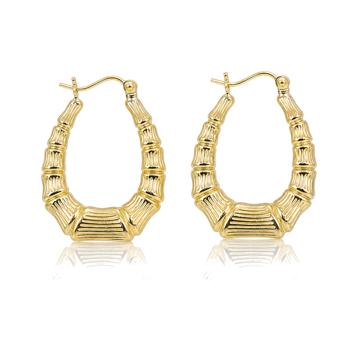 10K Gold Oval Shape Bamboo Hoops (1.1") — 10K real gold jewelry from STF Diamonds, Los Angeles