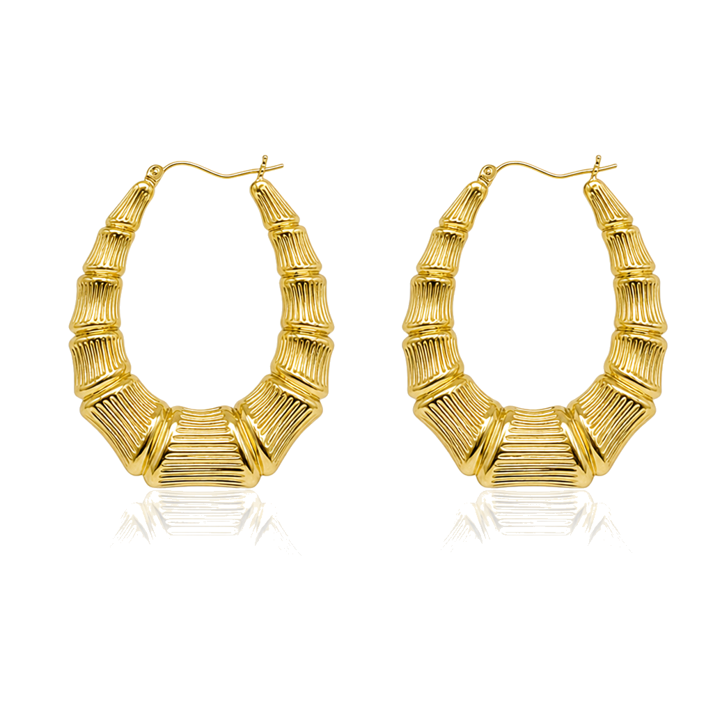 10K Gold Oval Shape Bamboo Hoops (1.6") — 10K real gold jewelry from STF Diamonds, Los Angeles