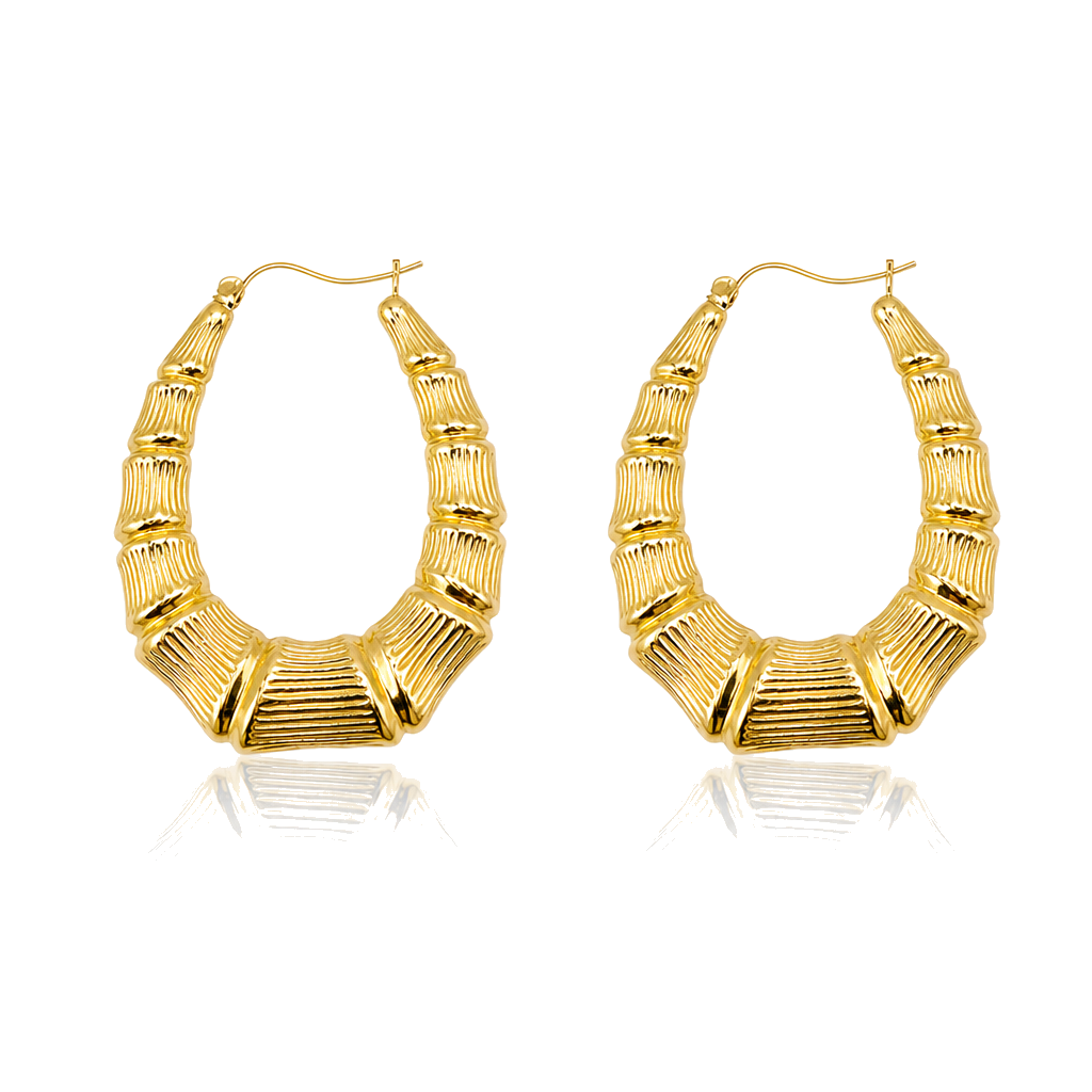 10K Gold Oval Shape Bamboo Hoops (1.9") — 10K real gold jewelry from STF Diamonds, Los Angeles