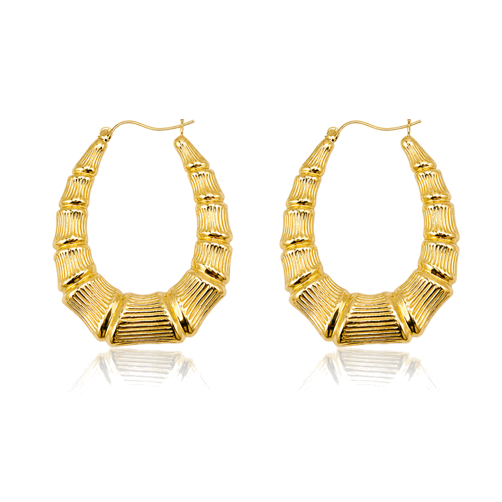 10K Gold Oval Shape Bamboo Hoops (1.9") — 10K real gold jewelry from STF Diamonds, Los Angeles