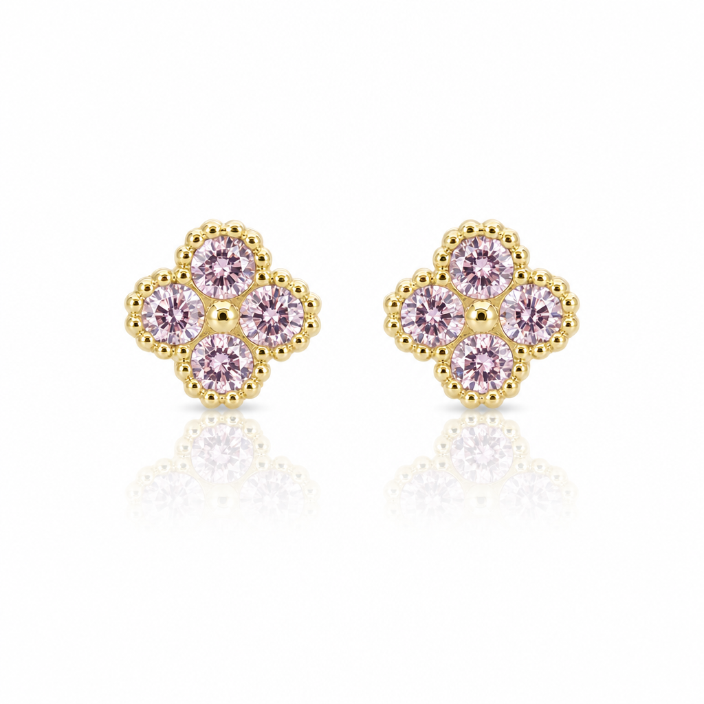 10K Gold Pink Clover CZ Earrings (6mm) — 10K real gold jewelry from STF Diamonds, Los Angeles