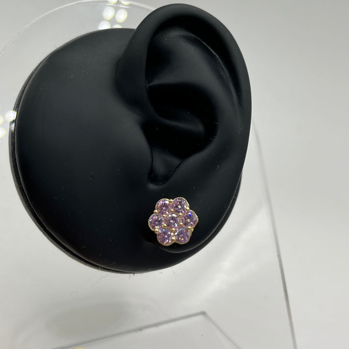 10K Yellow Gold Pink CZ Flower Earrings