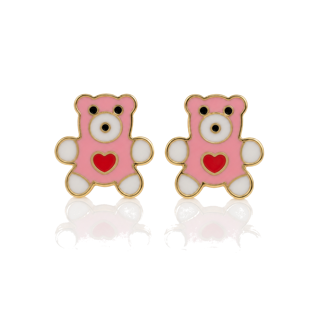 10K Gold Pink Teddy Bear Earrings (Screwback) — 10K real gold jewelry from STF Diamonds, Los Angeles