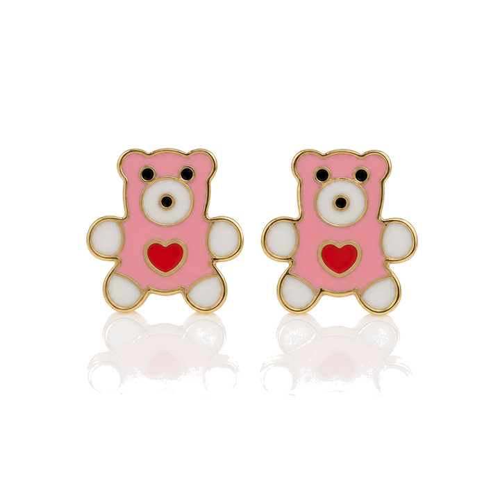 10K Gold Pink Teddy Bear Earrings (Screwback) — 10K real gold jewelry from STF Diamonds, Los Angeles