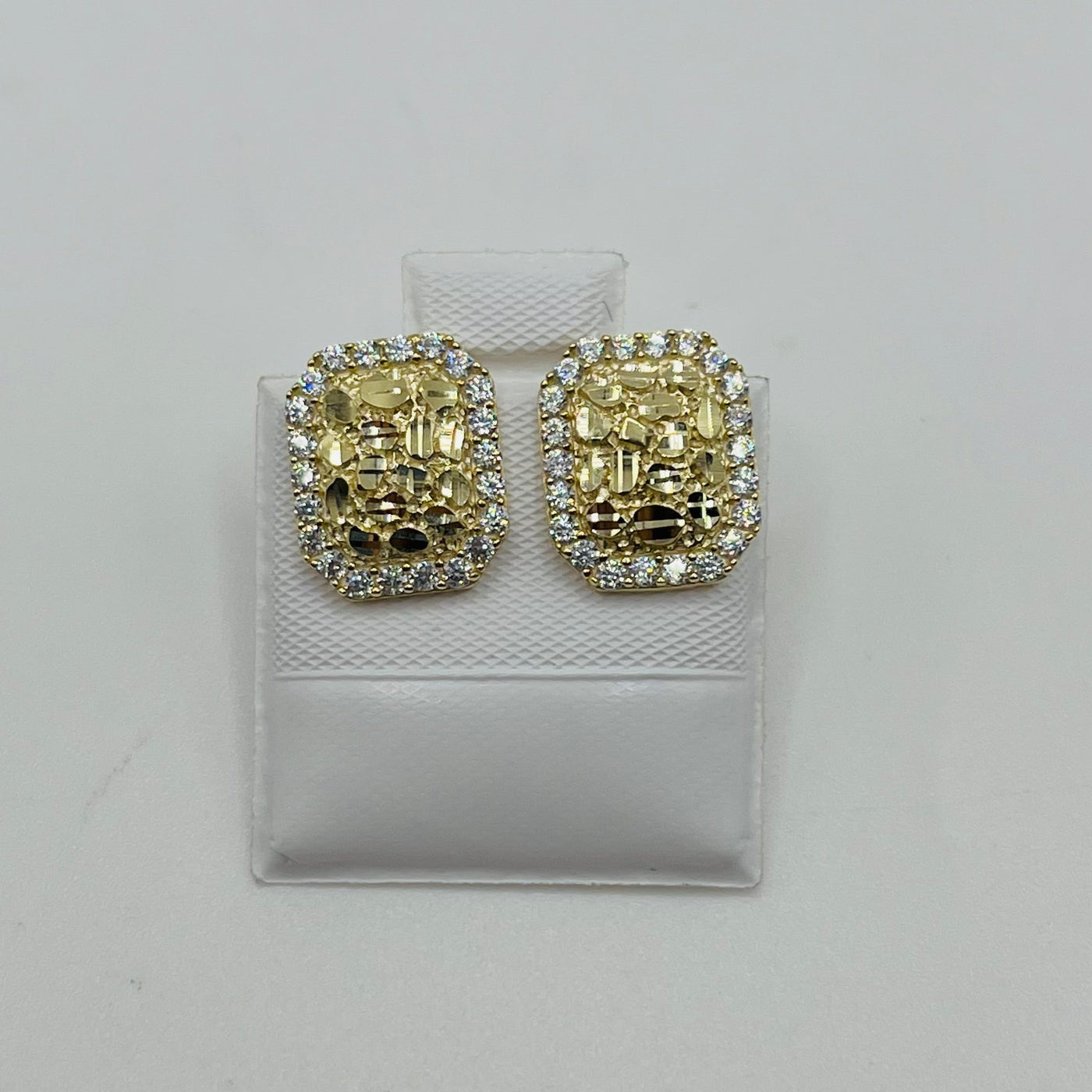 10K Yellow Gold Rectangle Nugget CZ Border Earrings (M)