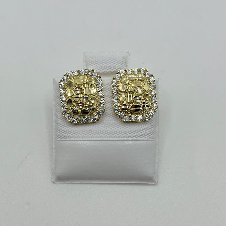 10K Yellow Gold Rectangle Nugget CZ Border Earrings (M)