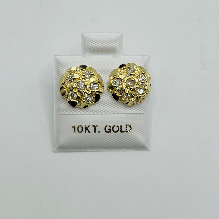 10K Yellow Gold Round Nugget Earrings with CZ (small)