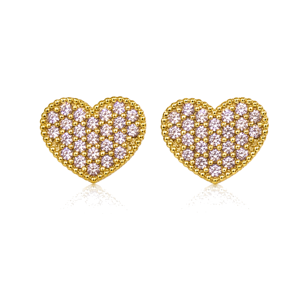 10K Gold Small Pink Bead Heart CZ Earrings — 10K real gold jewelry from STF Diamonds, Los Angeles