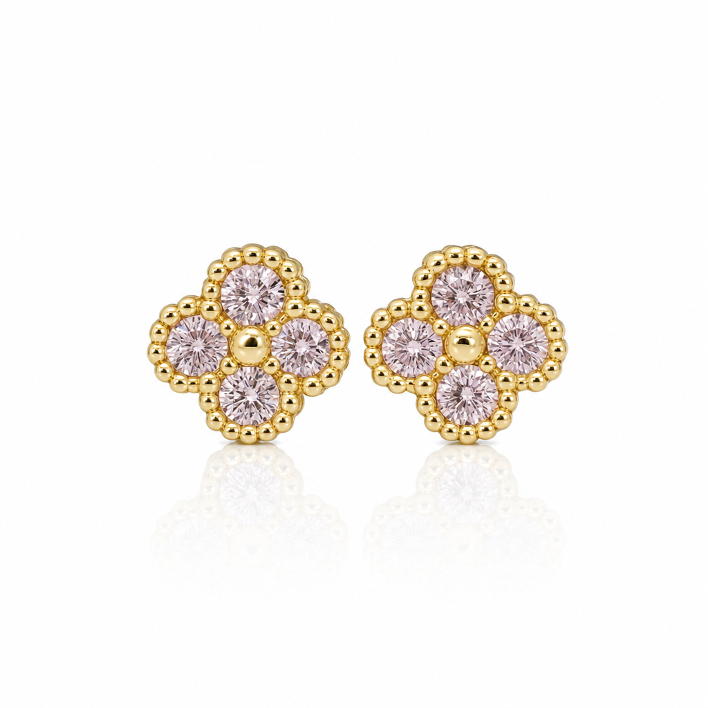 10K Gold Tiny Pink CZ Clover Earrings (S) — 10K real gold jewelry from STF Diamonds, Los Angeles