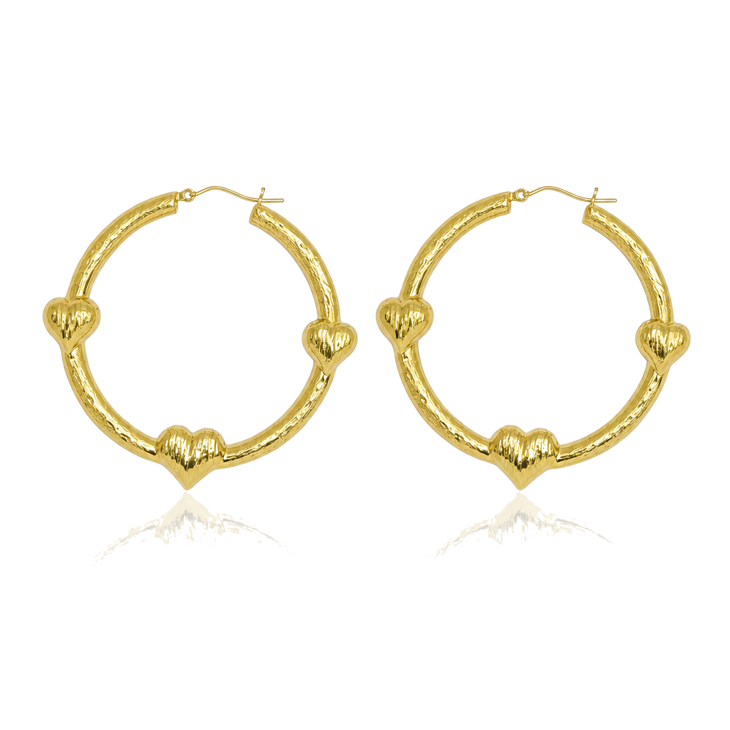 10K Gold Triple Heart Hoop earrings ( 2") — 10K real gold jewelry from STF Diamonds, Los Angeles